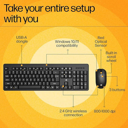 HP KM200 Wireless Mouse and Keyboard Combo, Full-Size Ergonomic Design, 3 Button and Built-in Scroll Wheel, 2.4 GHz Wireless connectio, 3 Years Warranty (7J4G8AA)